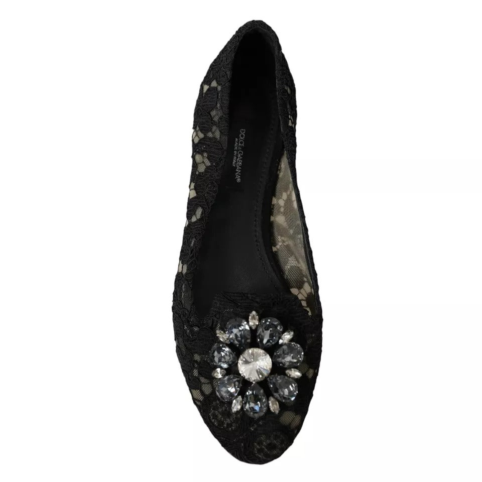 Dolce & Gabbana Black Taormina Lace Crystals Flats Shoes