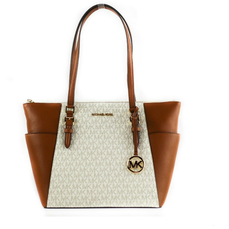 Michael Kors Charlotte Signature Leather Large Top Zip Tote Handbag Bag (Vanilla)