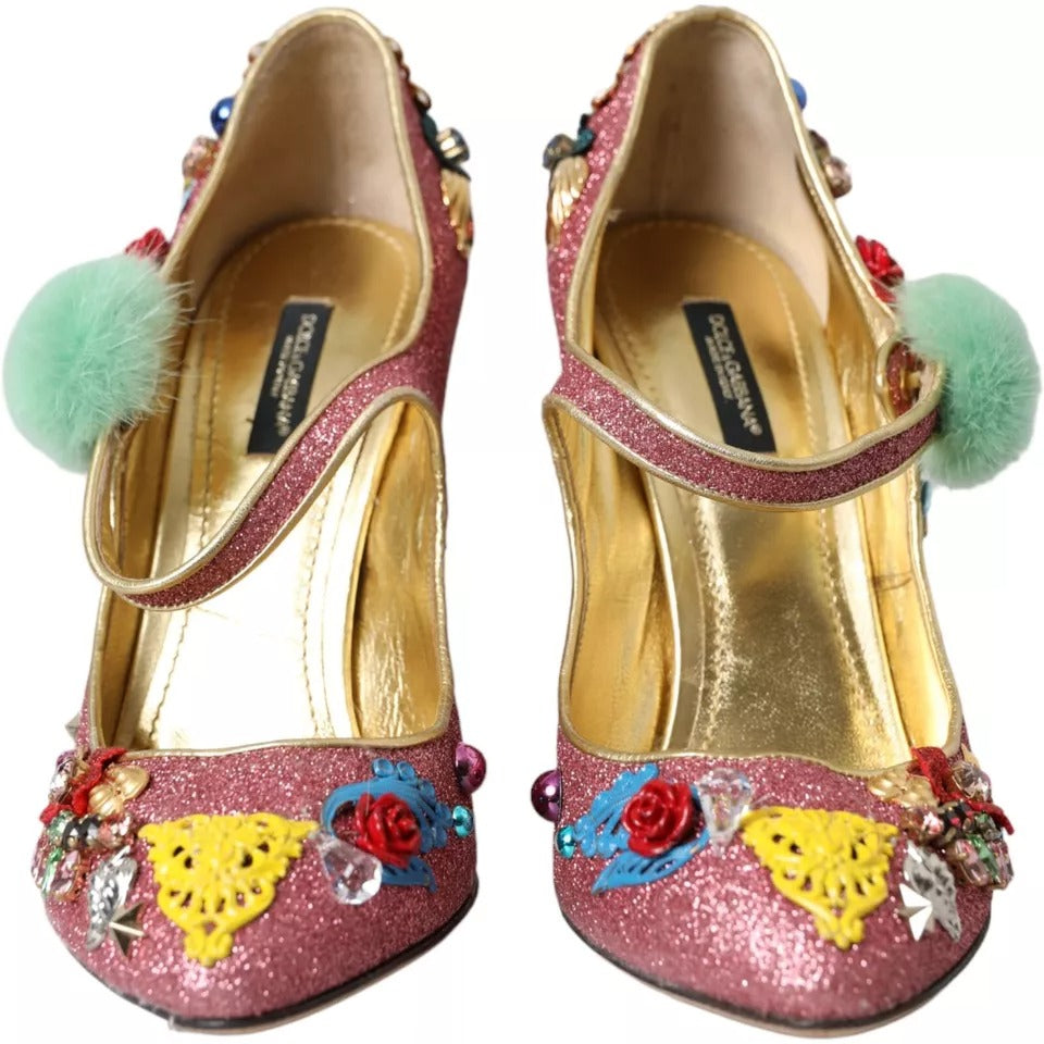 Dolce & Gabbana Pink Embellished Fur Mary Jane Pumps Shoes