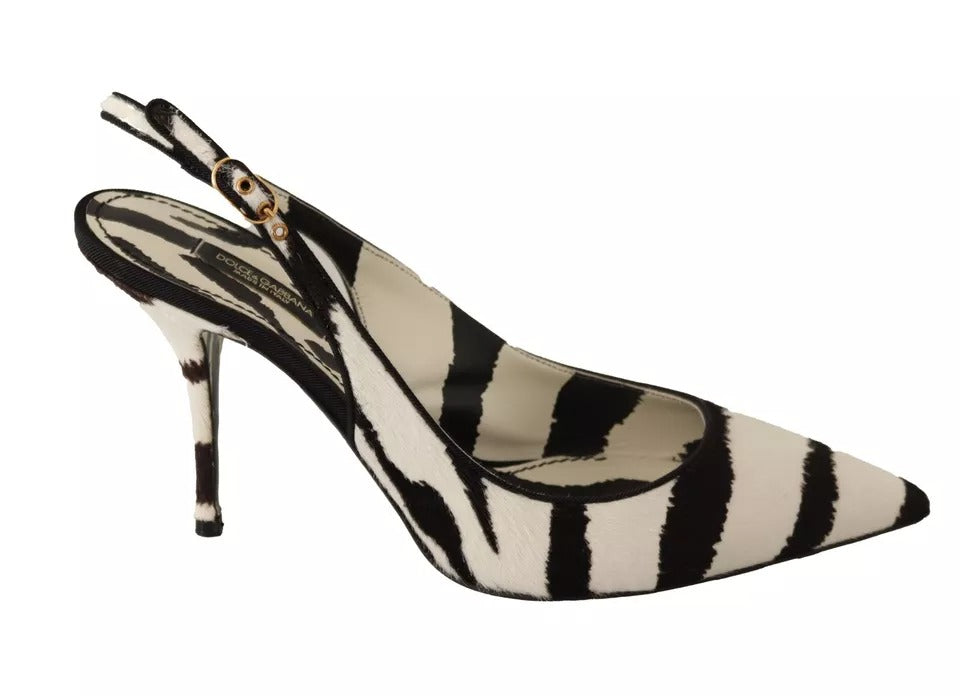 Dolce & Gabbana Black White Zebra Leather Heels Slingback Shoes