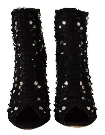 Dolce & Gabbana Black Tulle Suede Crystals Heels Boots Shoes