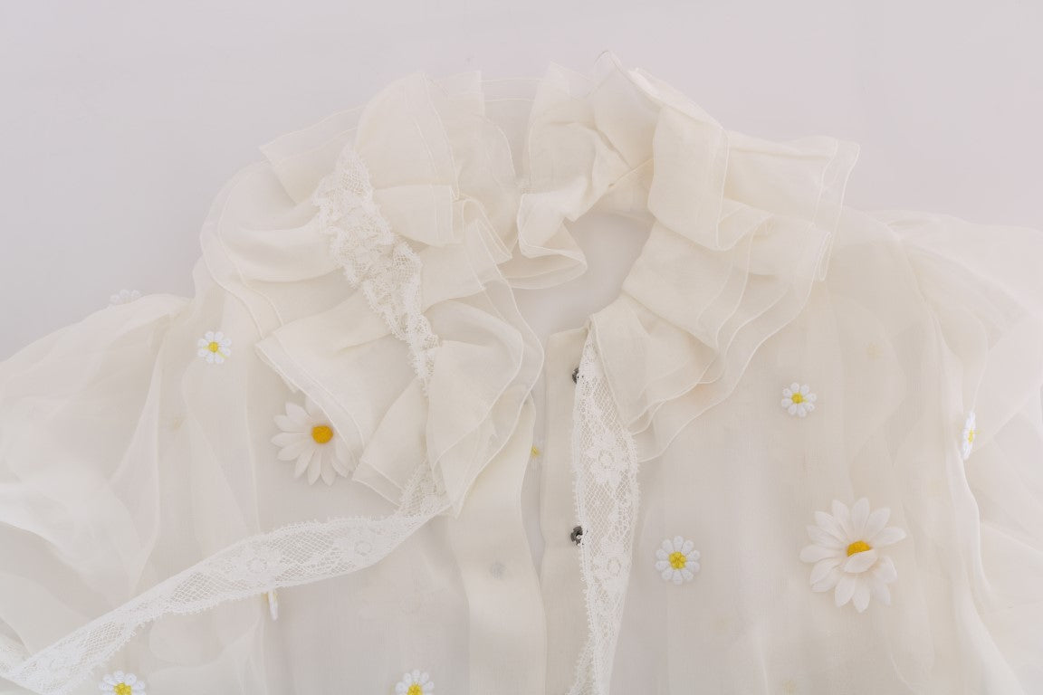 Dolce & Gabbana Elegant White Silk Daisy Blouse