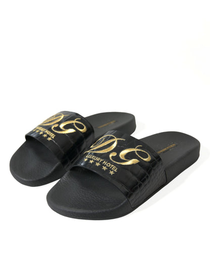 Dolce & Gabbana Elegant Black and Gold Leather Slides