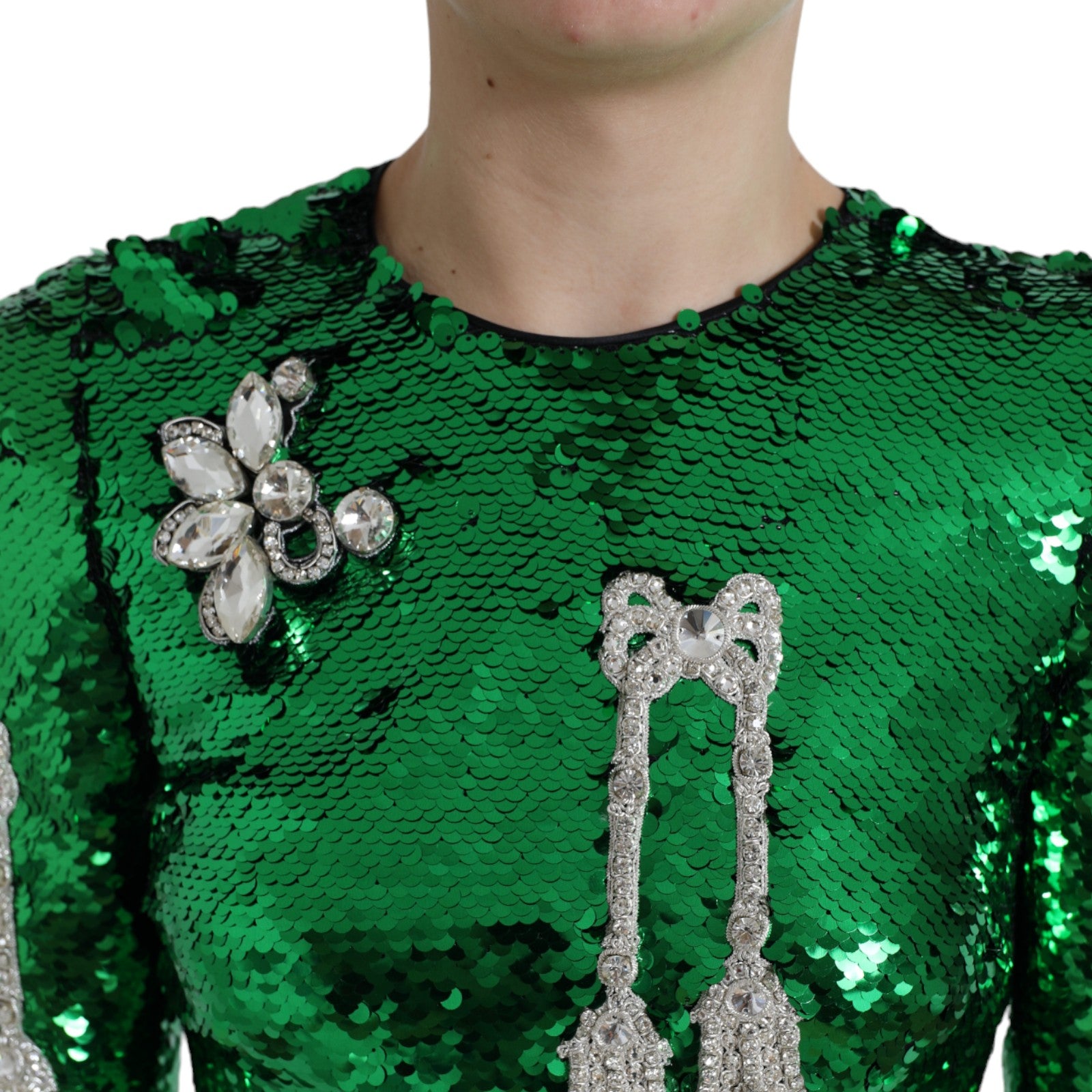 Dolce & Gabbana Elegant Below Knee Green Embroidered Dress