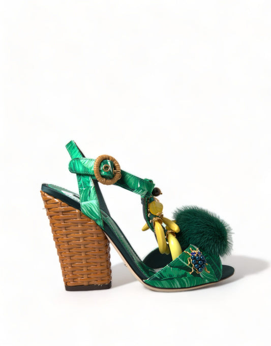 Dolce & Gabbana Green Crystal Mink Fur T-Strap Sandals