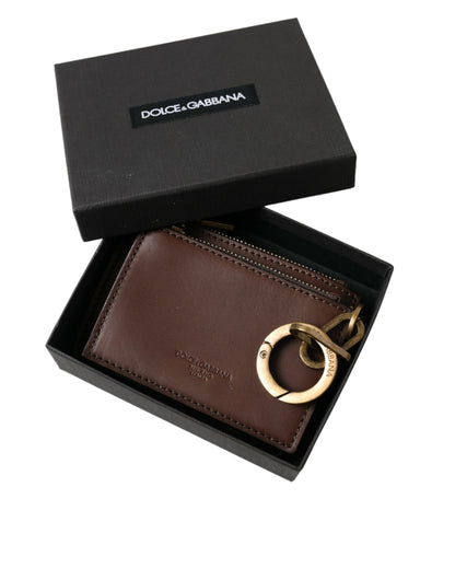 Dolce & Gabbana Brown Leather Zip Logo Keyring Coin Purse Keyring Wallet