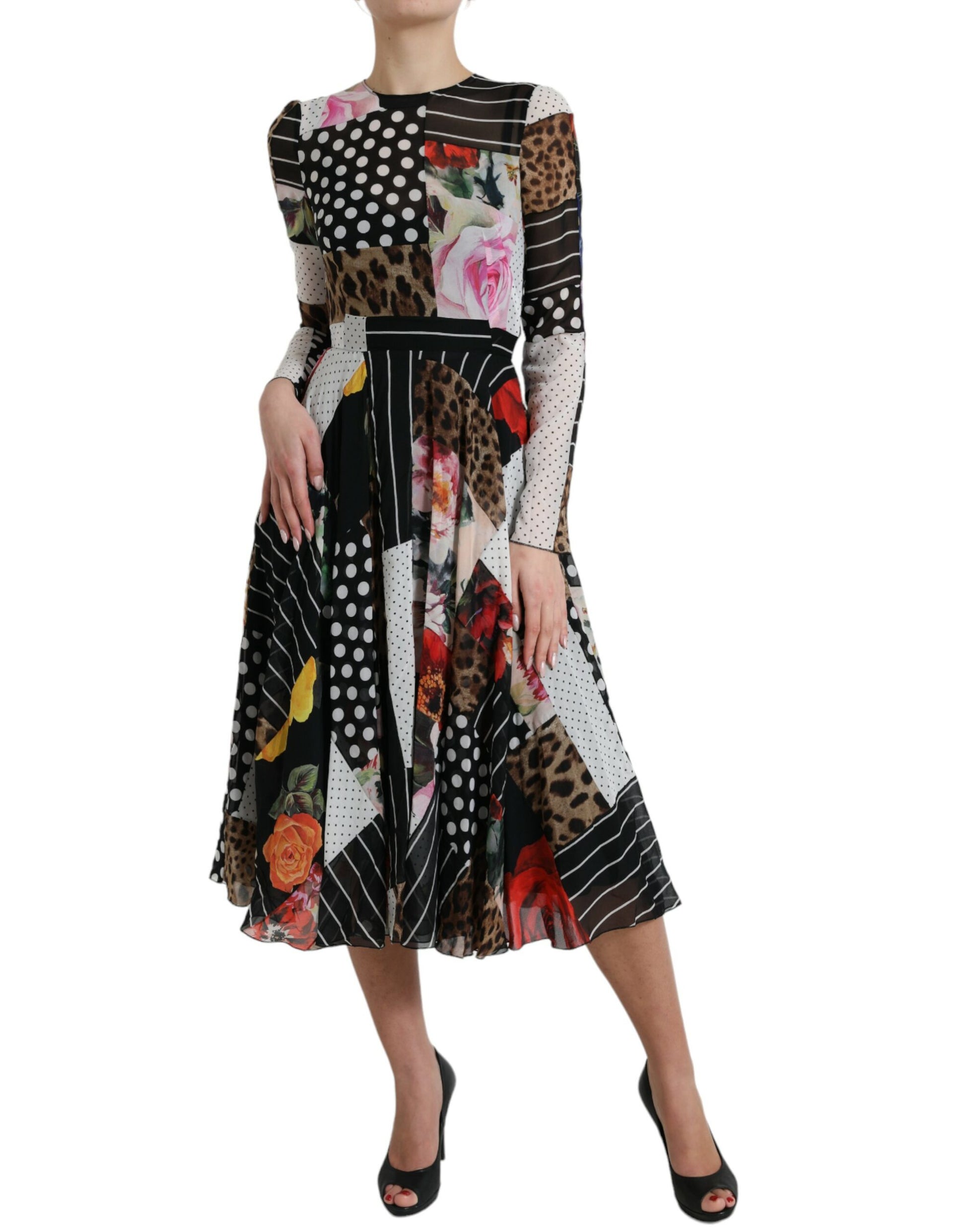 Dolce & Gabbana Elegant Patchwork Silk Midi A-Line Dress