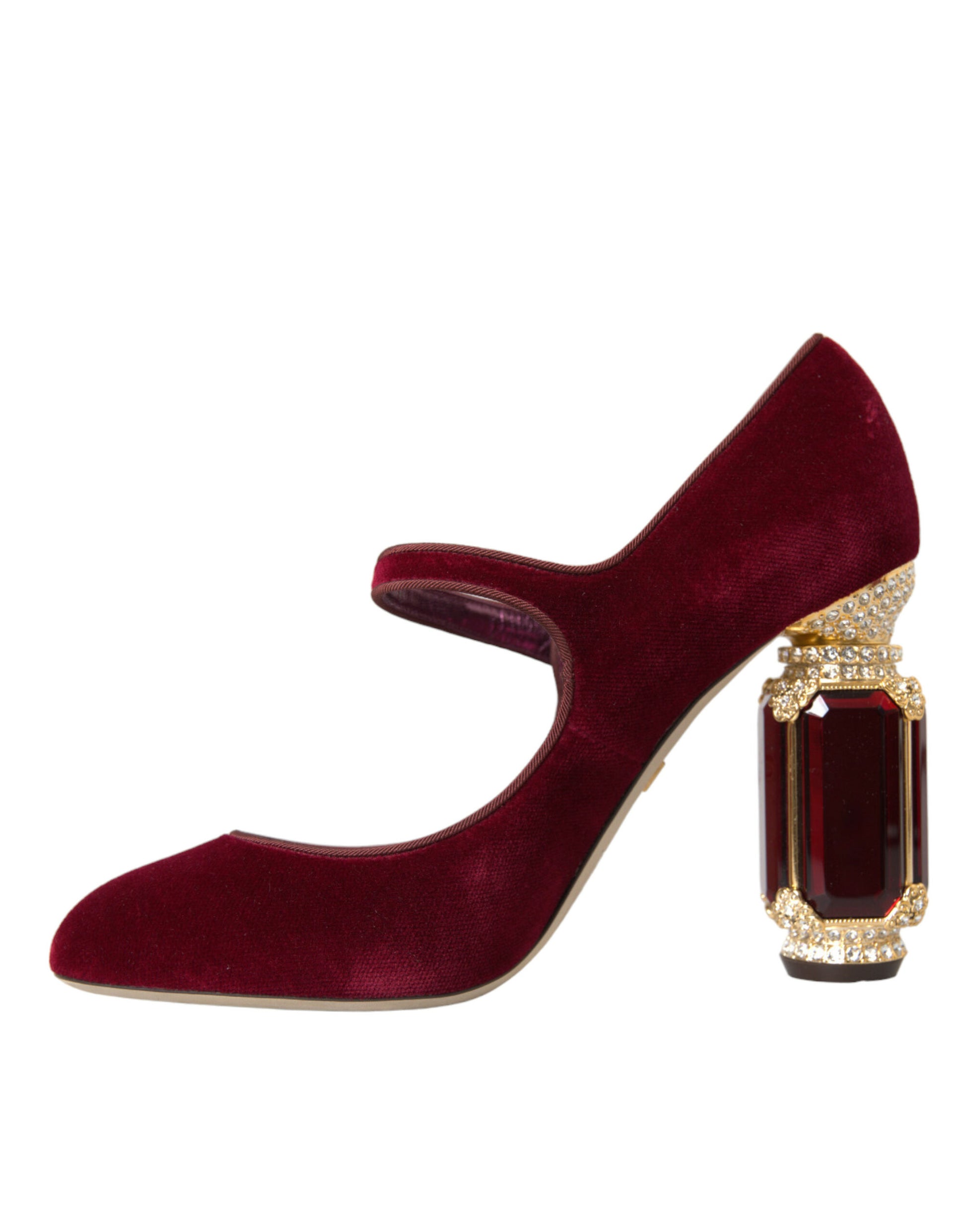 Dolce & Gabbana Red Velvet Gold Crystals Heels Mary Jane Shoes