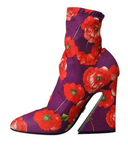 Dolce & Gabbana Purple Floral Jersey Stretch Boots Shoes