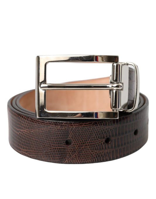 Dolce & Gabbana Brown Croc Leather Silver Metal Buckle Belt Men