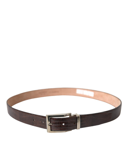 Dolce & Gabbana Brown Croc Leather Silver Metal Buckle Belt Men