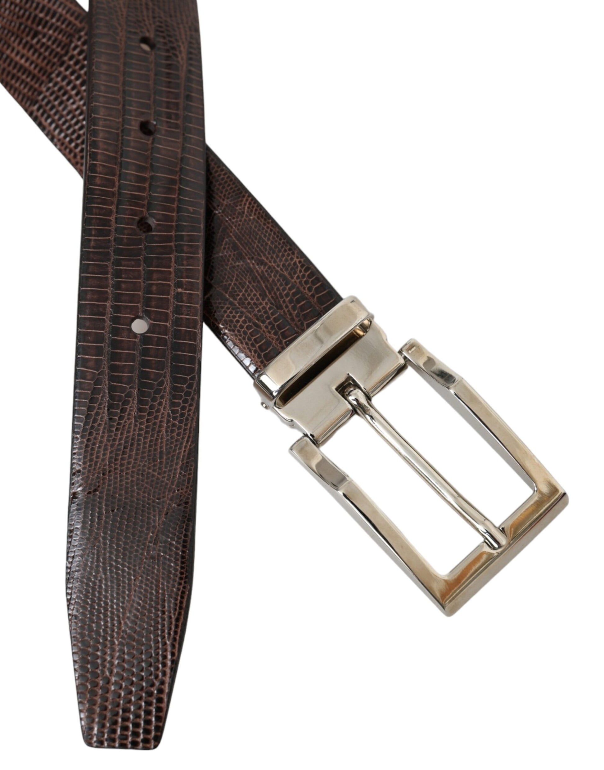 Dolce & Gabbana Brown Croc Leather Silver Metal Buckle Belt Men