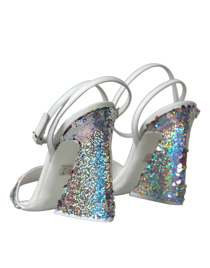 Dolce & Gabbana White Silver Sequin Ankle Strap Sandals Shoes