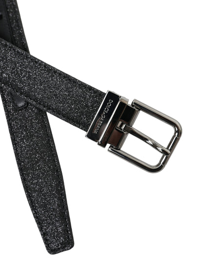 Dolce & Gabbana Black Glittered Leather Silver Buckle Belt