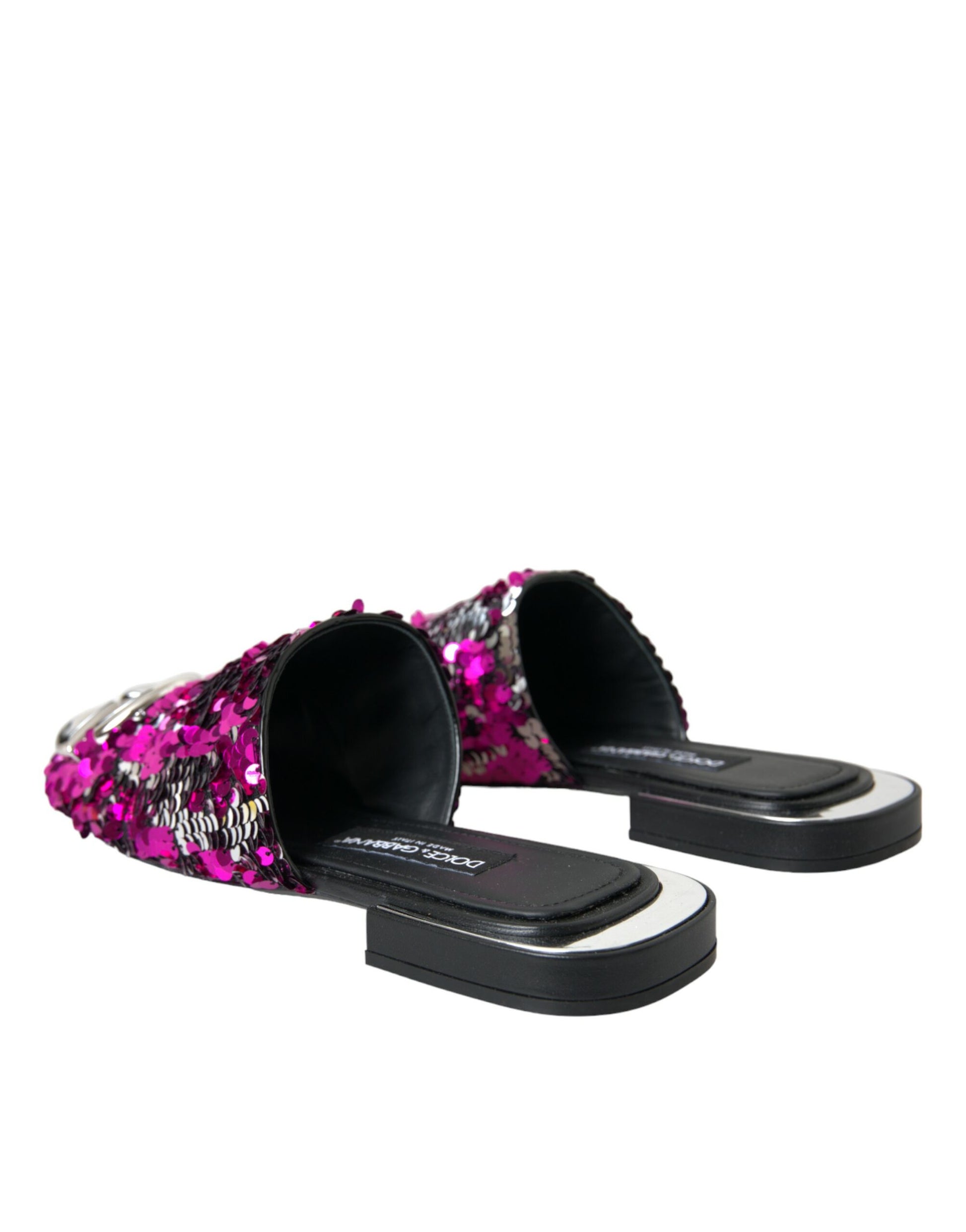 Dolce & Gabbana Fuchsia Sequin Logo Slides Sandals Shoes