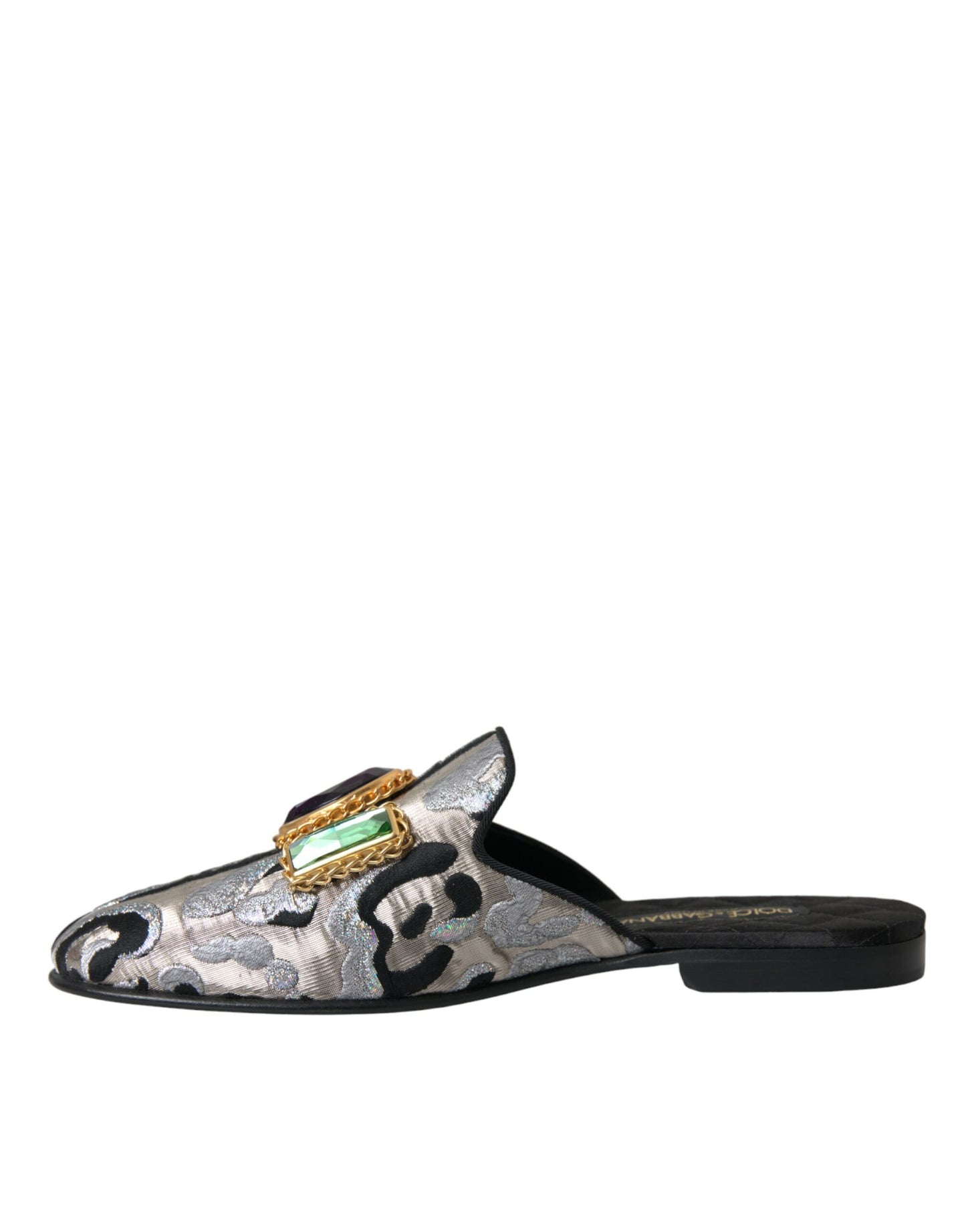 Dolce & Gabbana Gray Jacquard Crystal Mule Flat Sandals Shoes