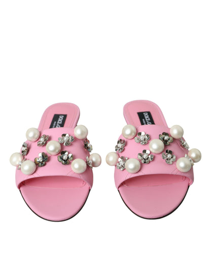 Dolce & Gabbana Pink Embellished Leather Flats Sandals Shoes