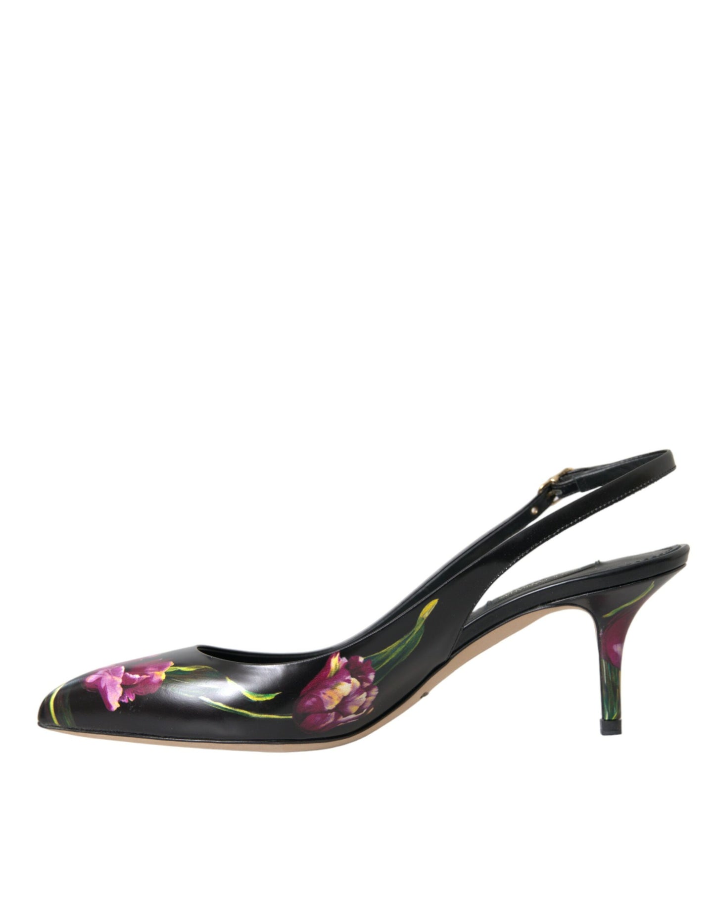 Dolce & Gabbana Black Floral Leather Heels Slingback Shoes