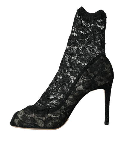 Dolce & Gabbana Black Stretch Taormina Lace Boots Shoes