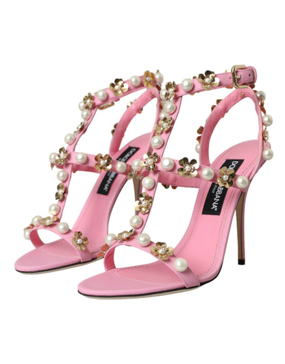 Dolce & Gabbana Pink Leather Embellished Heels Sandals Shoes