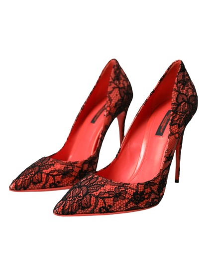 Dolce & Gabbana Orange Black Lace Leather Heels Pumps Shoes