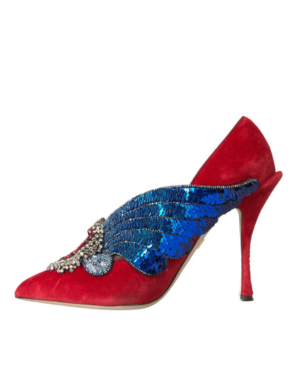 Dolce & Gabbana Red Velvet Sequin Crystal Heels Pumps Shoes