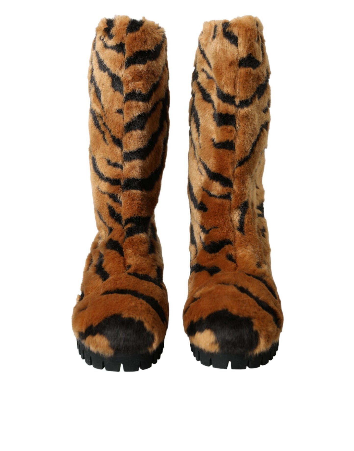 Dolce & Gabbana Brown Tiger Fur Leather Mid Calf Boots Shoes