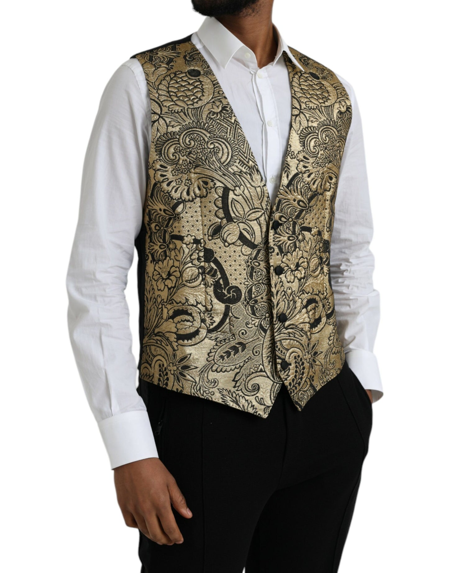 Dolce & Gabbana Gold Floral Jacquard Waistcoat Formal Vest
