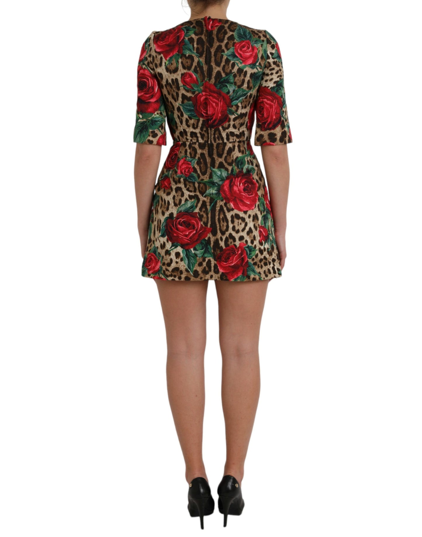 Dolce & Gabbana Brown Leopard Red Roses Cotton A-line Dress