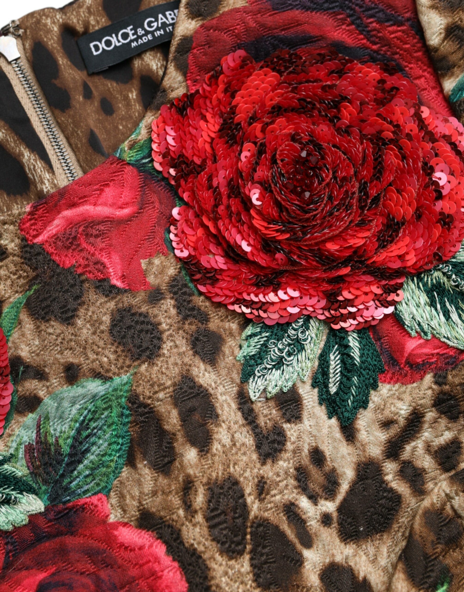 Dolce & Gabbana Brown Leopard Red Roses Cotton A-line Dress