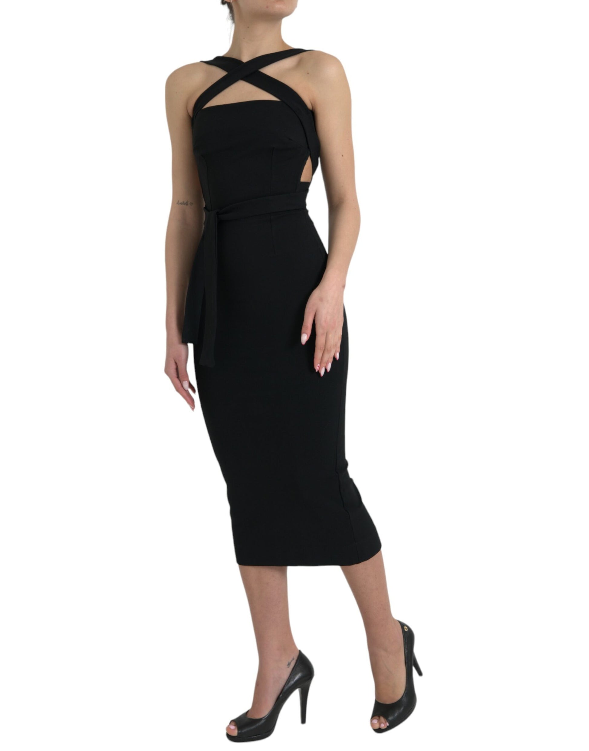 Dolce & Gabbana Elegant Black Sheath Halter Midi Dress