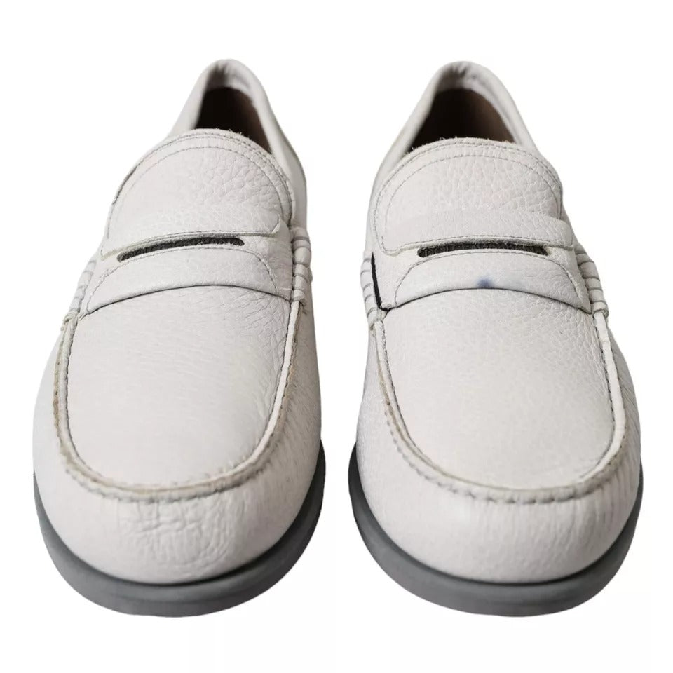 Dolce & Gabbana White Gray Leather Slip On Mocassin Loafer Shoes