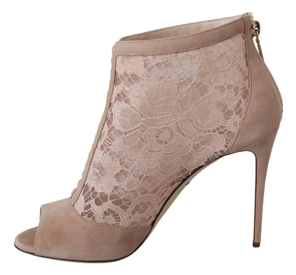 Dolce & Gabbana Beige Lace Suede Peep Toe Ankle Boots Shoes