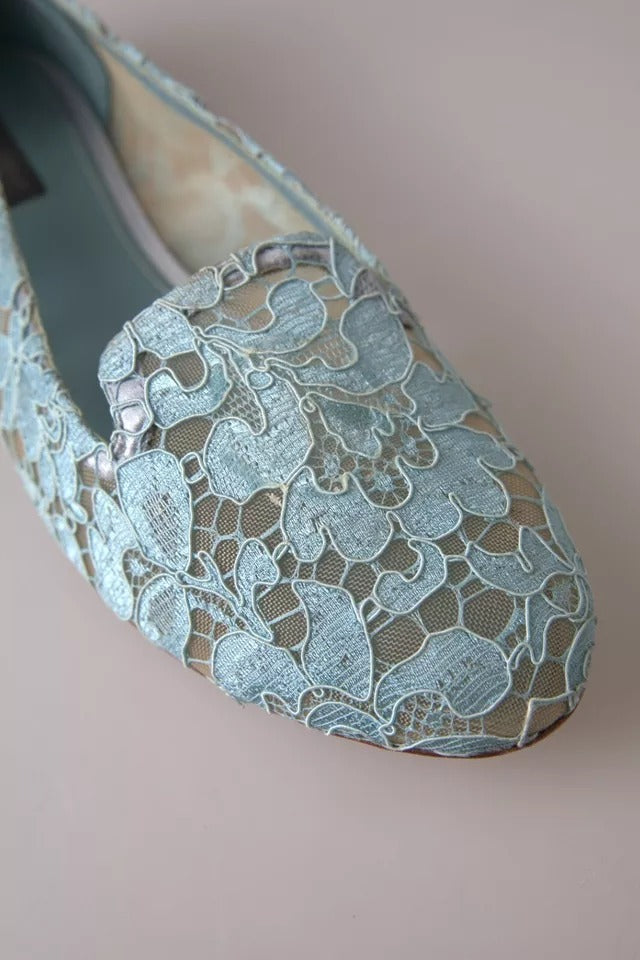 Dolce & Gabbana Light Blue Floral Lace Loafers Flats Shoes