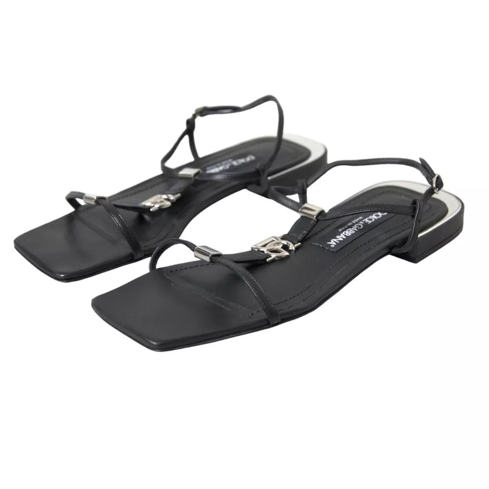 Dolce & Gabbana Black Leather DG Logo Flats Sandals Shoes