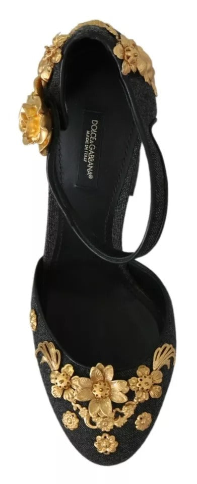 Dolce & Gabbana Black Floral Angel Applique Ankle Strap Pumps Shoes