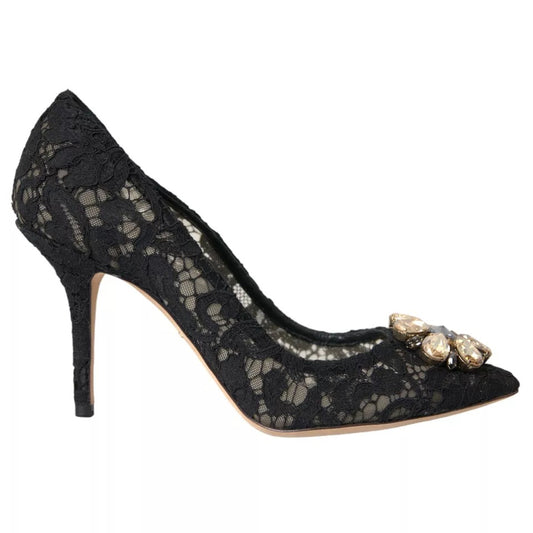 Dolce & Gabbana Black Taormina Lace Crystal Heel Pumps Shoes