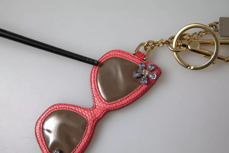 Dolce & Gabbana Red Leather Crystal Sunglasses Gold Metal Keyring Keychain