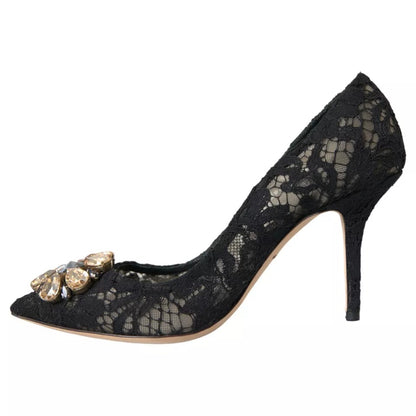 Dolce & Gabbana Black Taormina Lace Crystal Heel Pumps Shoes