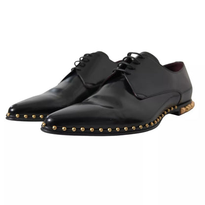 Dolce & Gabbana Black Leather Gold Studded Derby Dress Shoes