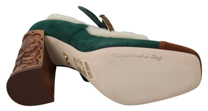 Dolce & Gabbana Chic Green Suede Mary Janes with Shearling Trim