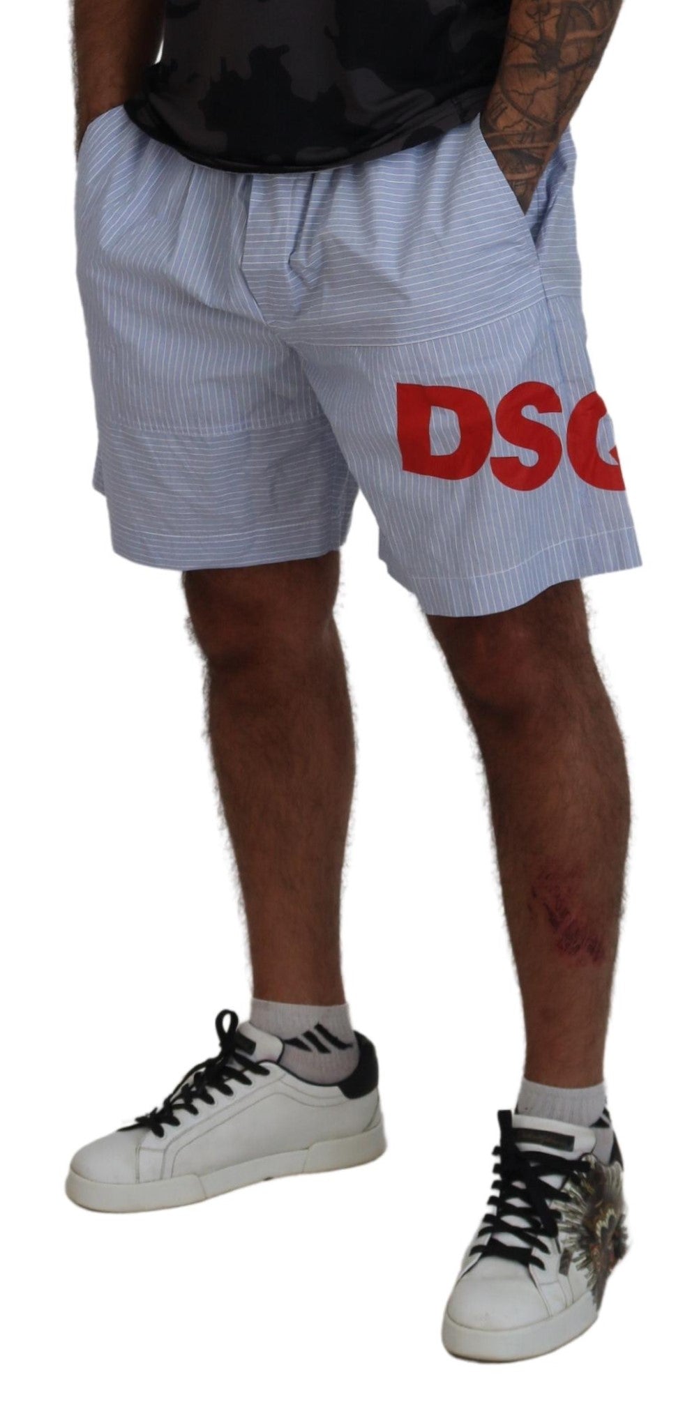 Dsquared² Light Blue Striped Printed Logo Print Casual Shorts