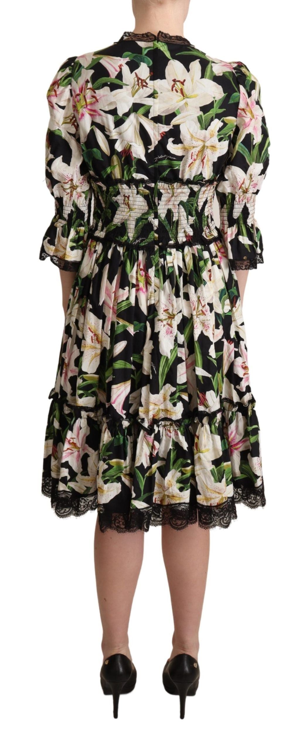 Dolce & Gabbana Elegant Lily Print Midi Dress with Lace Trim