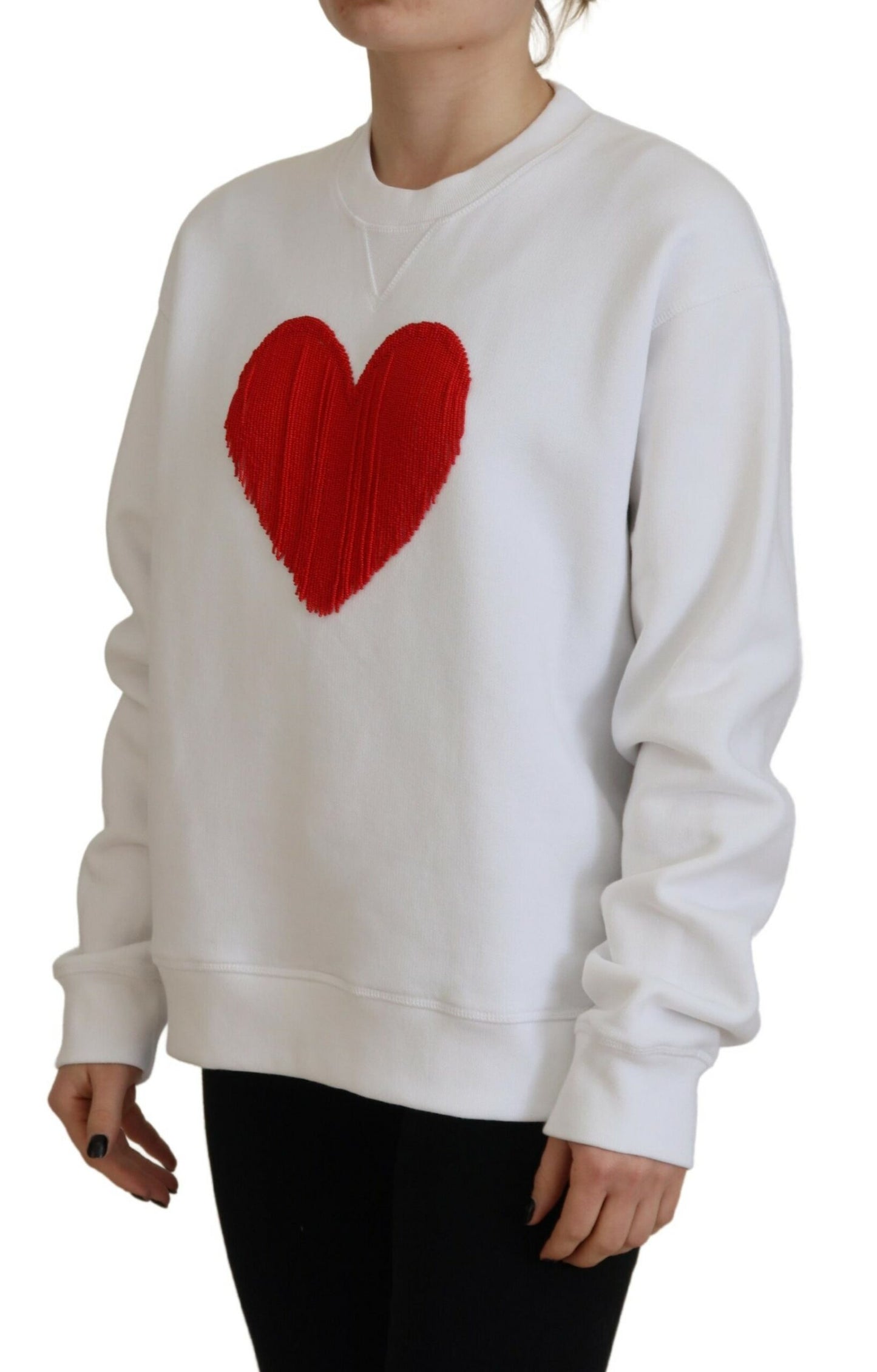 Dsquared² White Cotton Heart Fringe Long Sleeve Sweater