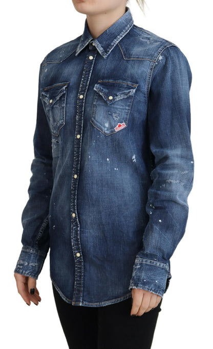 Dsquared² Blue Washed Cotton Button Down Collared Denim Shirt