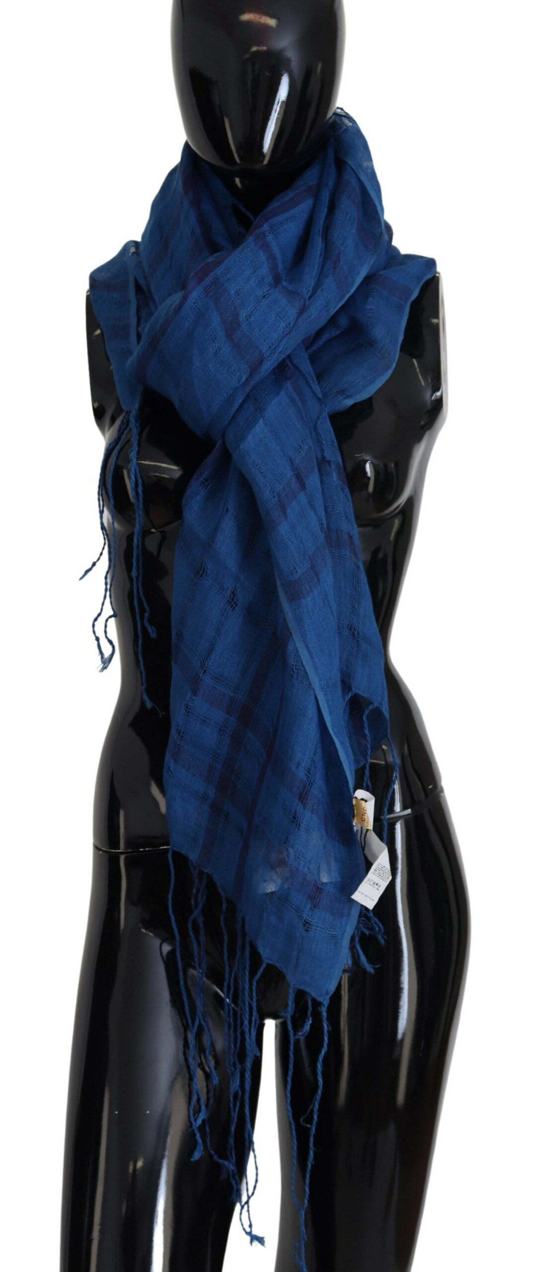 Costume National Chic Linen Fringed Scarf in Blue Checkered