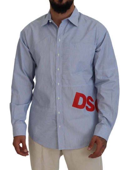 Dsquared² Blue Stripes Logo Print Long Sleeves Formal Shirt