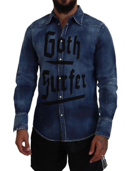 Dsquared² Blue Washed Goth Surfer Print Men Denim Shirt