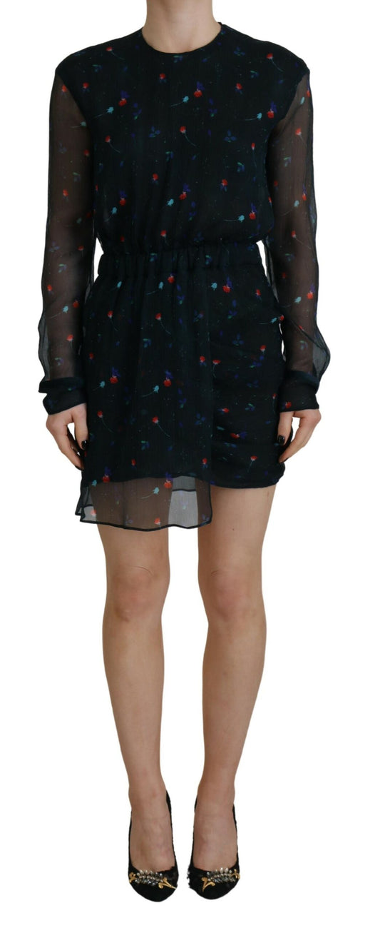 Dsquared² Black Floral Silk Long Sleeves Sheath Mini Dress