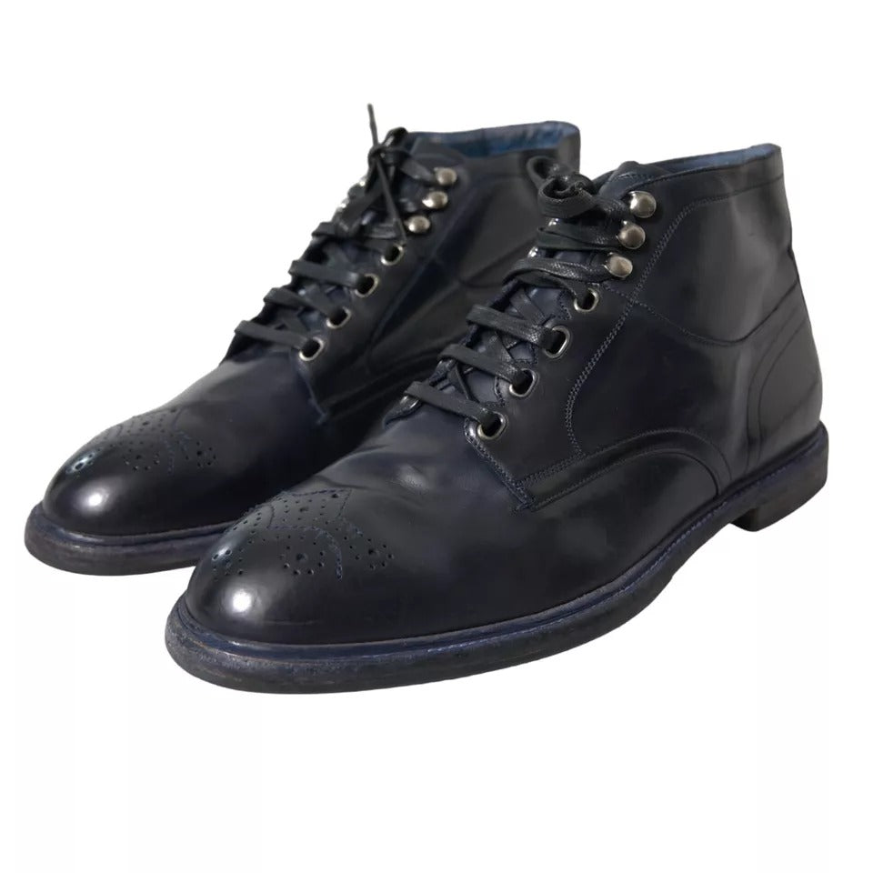 Dolce & Gabbana Navy Blue Leather Lace Up Ankle Boots Shoes